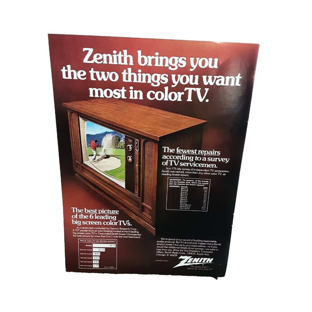 1973 Zenith Television Best Picture Fewest Repairs Print Ad Original
